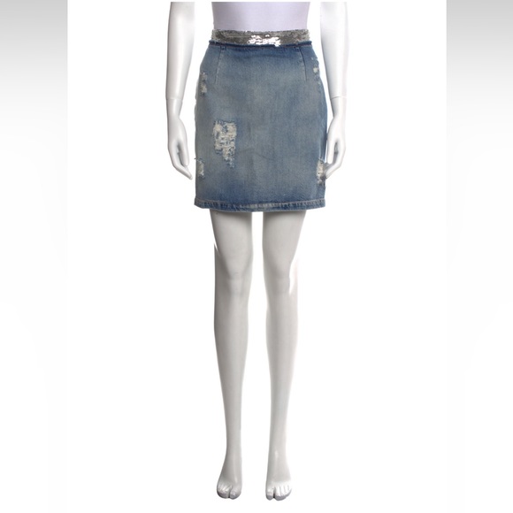 IRO Silver Sequin Waistband Distressed Denim Pencil Skirt Size 10 NWOT - Picture 1 of 10
